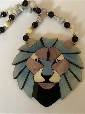Lee sands Lion Head Statement Necklace with mother of pearl quartz stone beaded